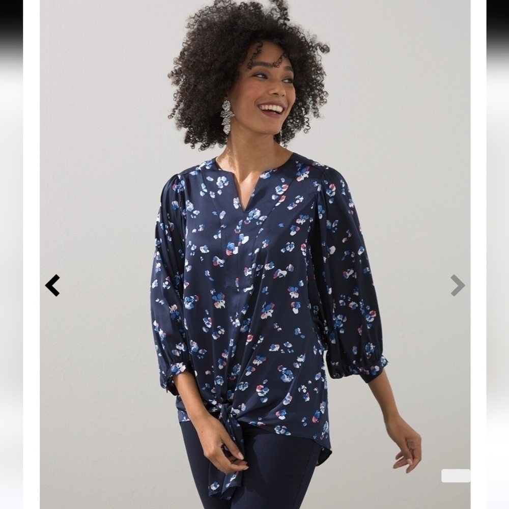Chico's Satin Animal Print Tie Front Top